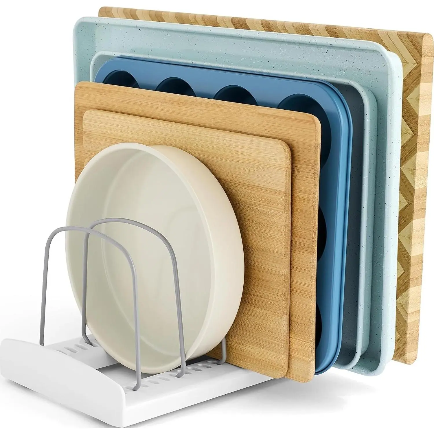 Adjustable Bakeware Rack Organizer with Dividers for Baking Pans and Kitchen Storage