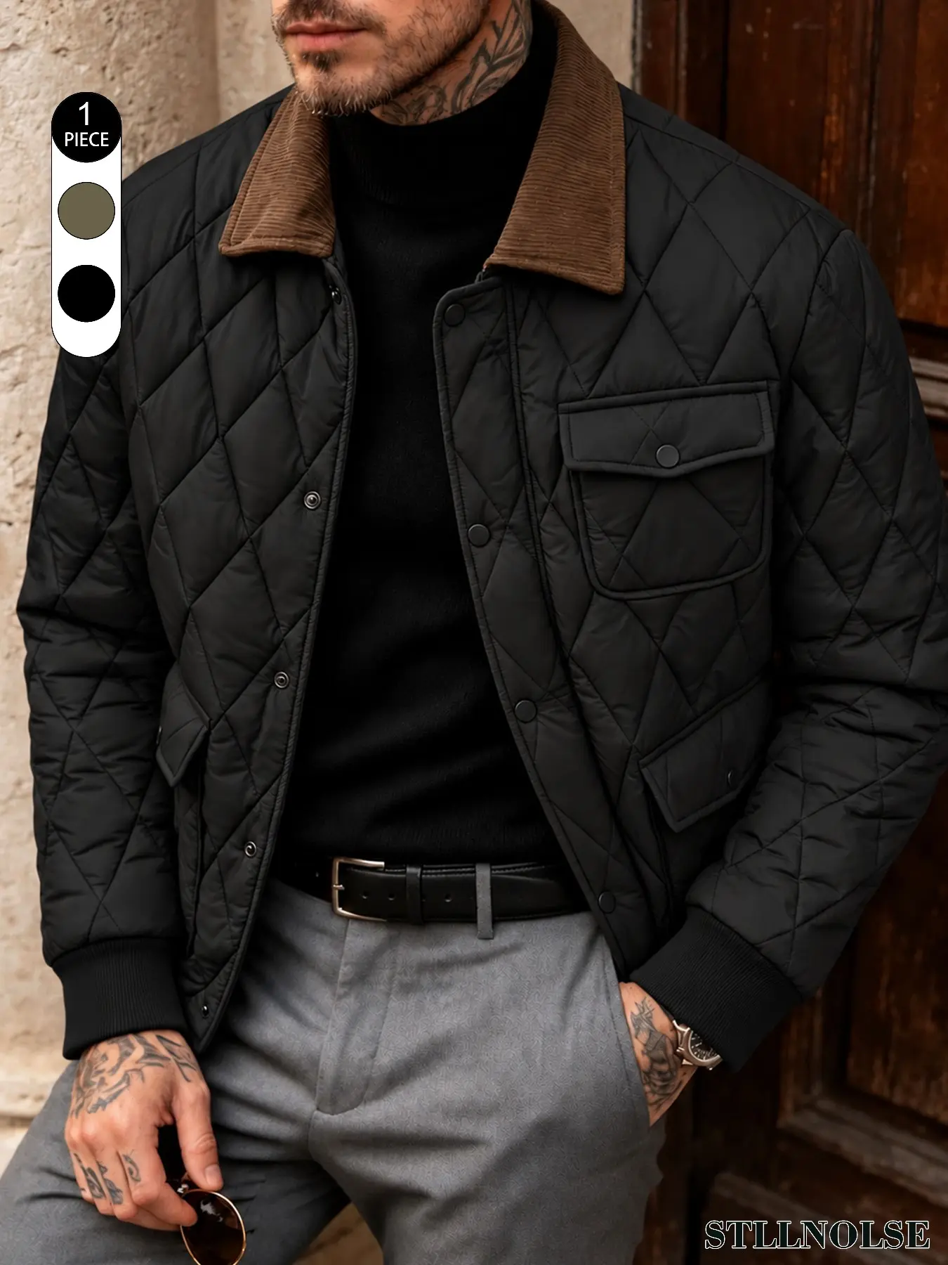 Contrast Collar Quilted Jacket for Men, Chest Flap Pocket and Ribbed Cuffs with Snap Closure for Casual Layering #workjacket