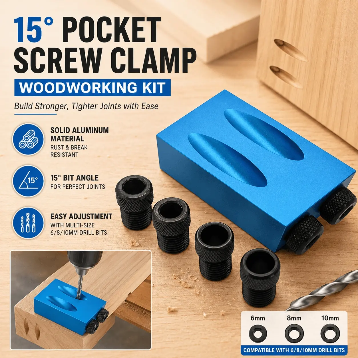 15 Degree Pocket Hole Jig Set, Quick Change Drill Guide, Titanium Coated Countersink, Step Drill, Self-Centering, Anti-Slip Clamp, Multi-Size Precision Woodworking Kit for Furniture Joinery