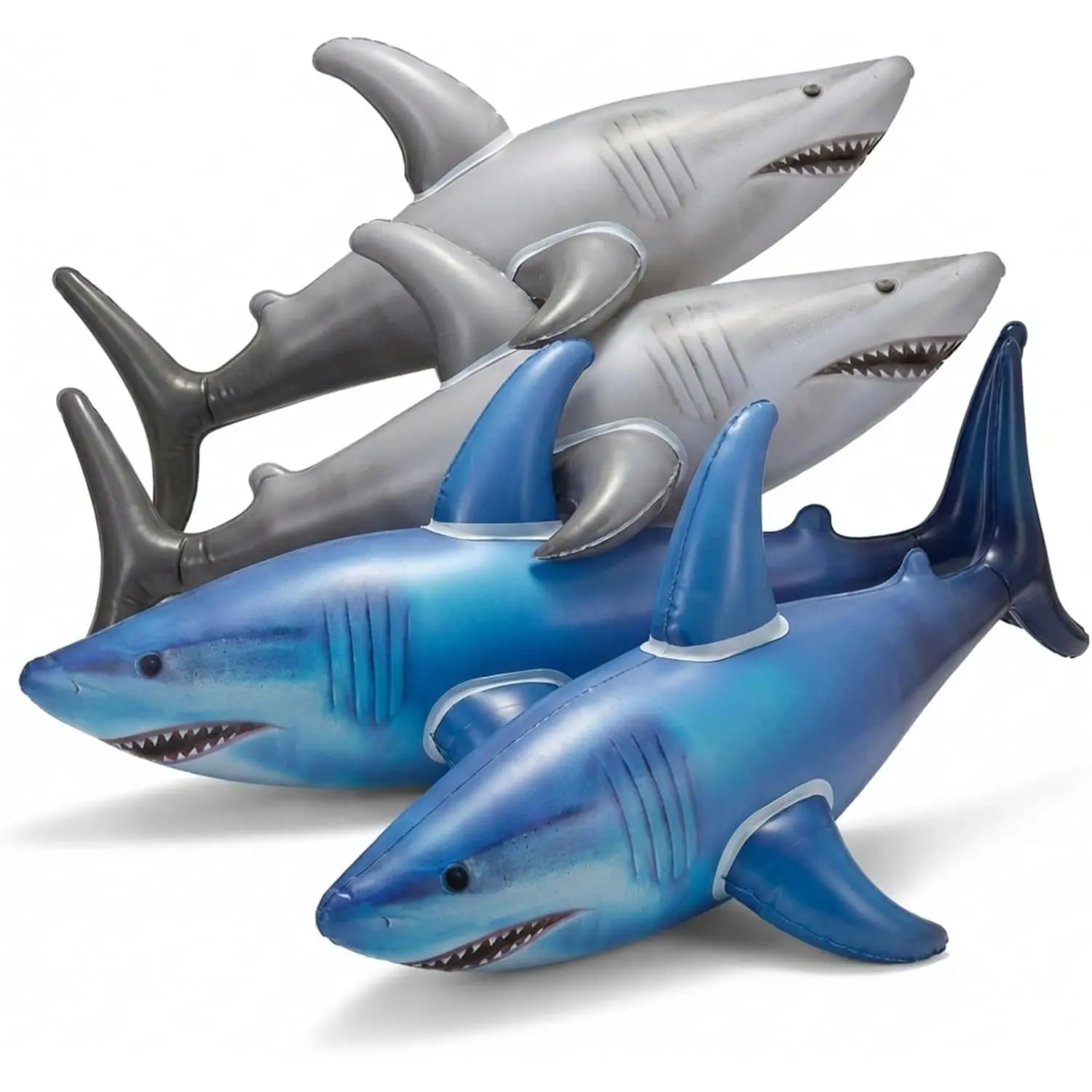 Large 23-Inch Blow-Up Shark Float - Birthday Party Decorations & Pool Toys, 4 Pack (2 Grey, 2 Blue), for Kids or Adults, Beach, Summer Games & Party Favor Gifts