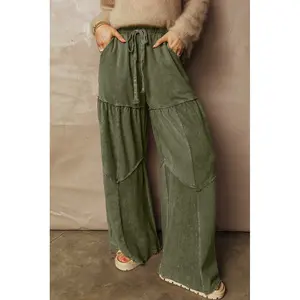 Vineyard Green Mineral Wash Tiered Wide Leg Patchwork Drawstring Pants