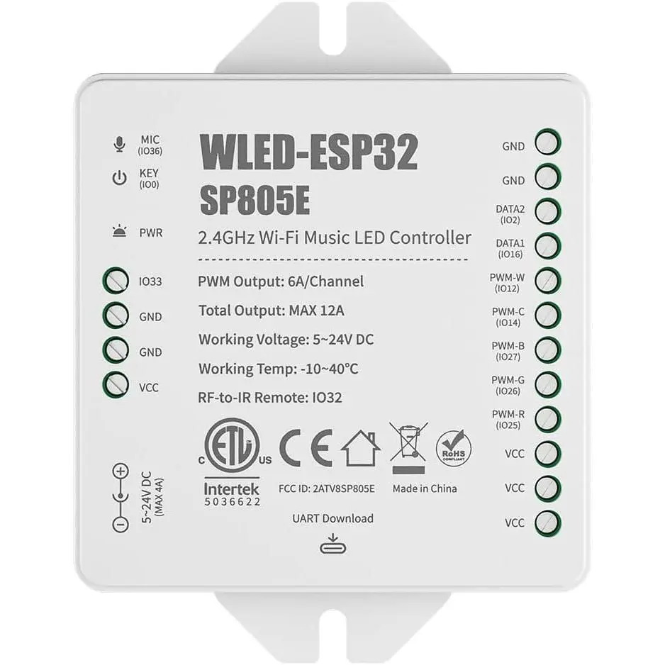 SP805E WLED LED Controller ESP32 with Mic, WiFi APP Control | For WS2812B WS2811 SK6812 WS2814 LED Strip/ & PWM  CCT RGB RGBW RGBCCT LED , 2 SPI , USB-C UART, DIY Lights