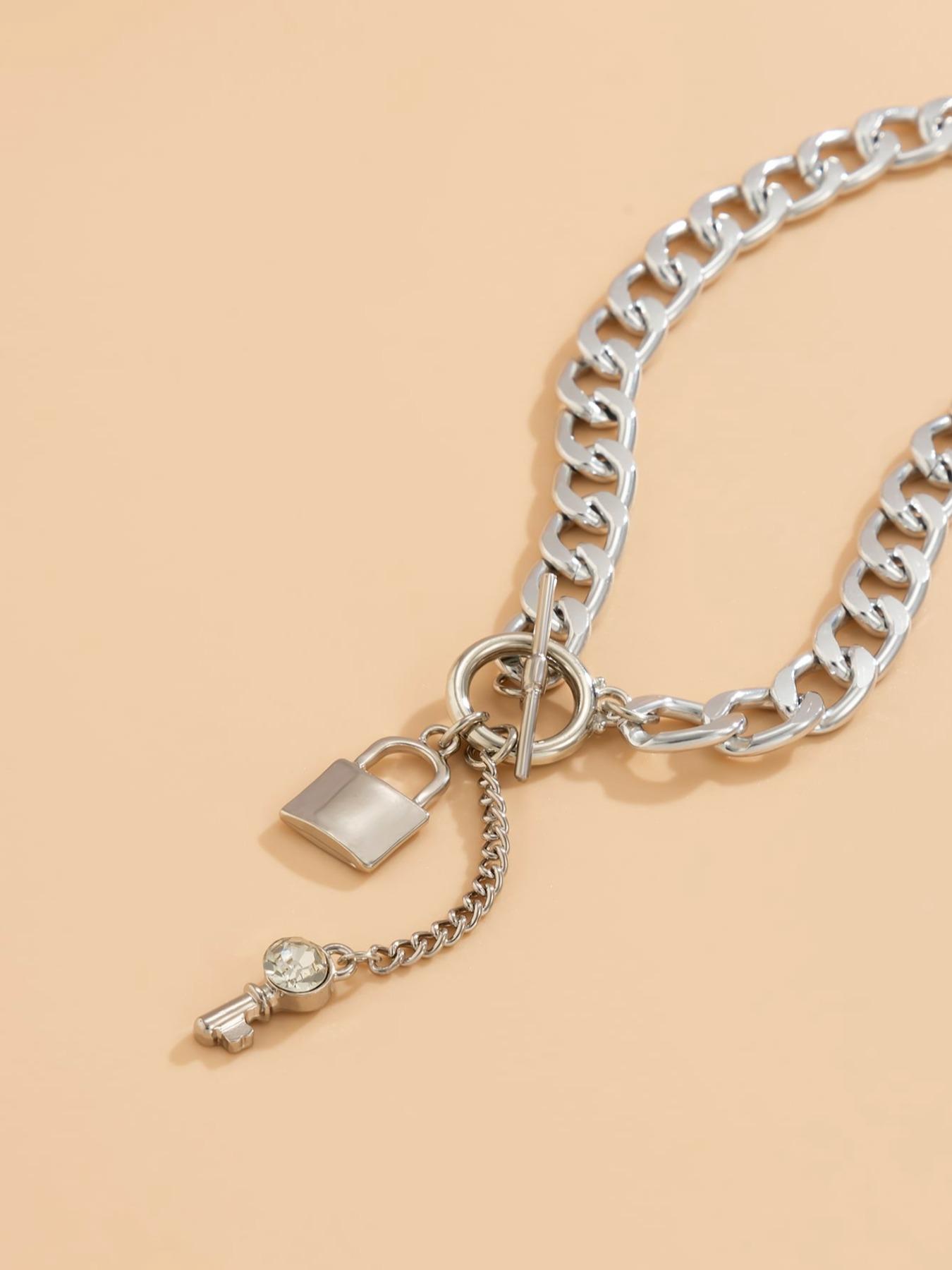 Rhinestone Key & Lock Design Chain Necklace for Women for Gift, Charms Necklace, Clavicle Chain Necklace, Dainty Choker Necklace, OT Buckle Chunky Cuban Link Chain Necklace, Mexican Necklaces, Cute Gifts for Girlfriend