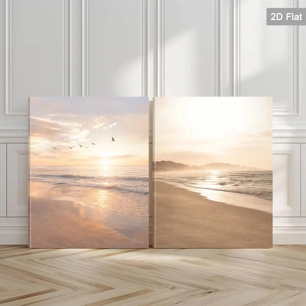 2 Piece Framed Beach Sunset Wall Art, Coastal Landscape Canvas Print, Golden Light Poster, Home Decor for Living Room, Bedroom, Office, Bathroom