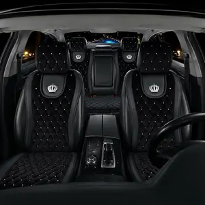 Luxury Car Seat Cover, Rhombus Design with Sparkling Rhinestones, Hand-Embedded Queen Crown Decoration, All-Season Universal Fit