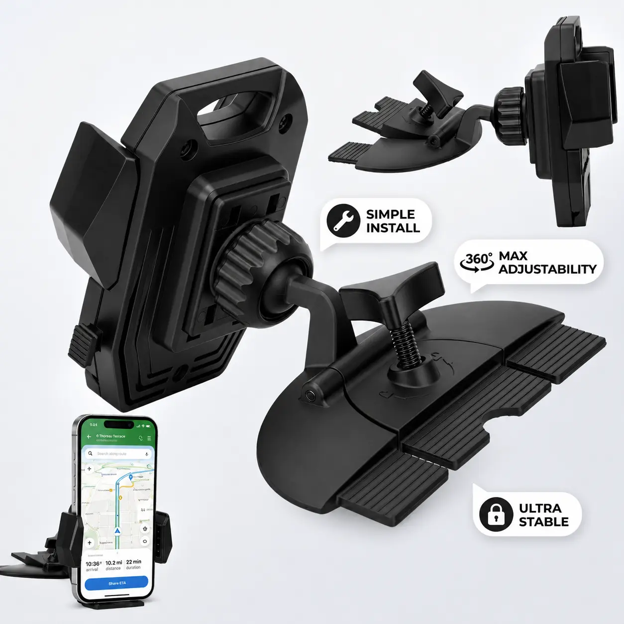 CD Player Phone Mount - Anti-Shake 360° Adjustable Car Holder Cradle Compatible with iPhone 15 Series and Below