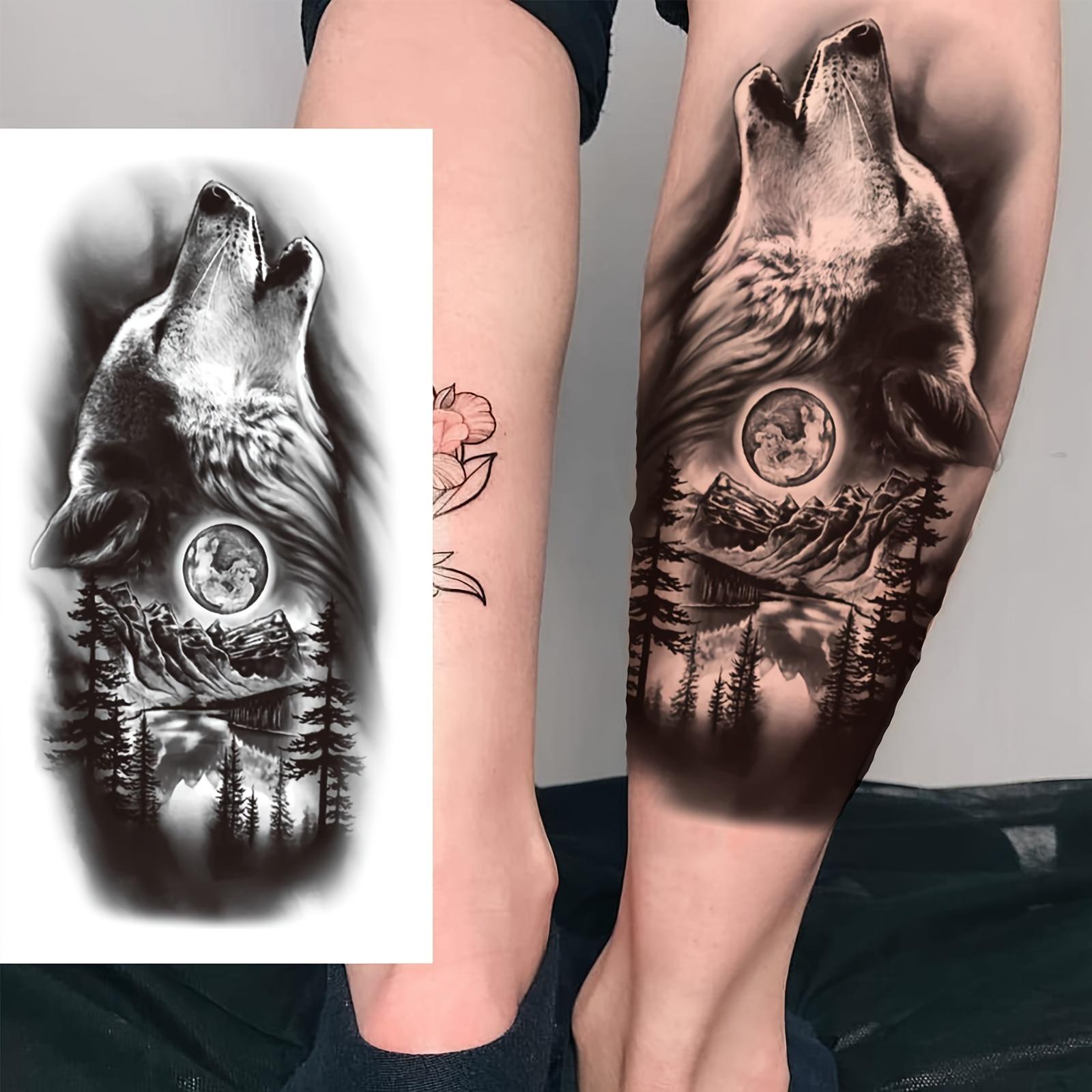Black Wolf and Moon Forest Temporary Tattoo Sticker-Waterproof and Durable Realistic Fake Tattoo Sticker, Suitable for Arms, Thighs, Legs-Perfect Choice for Adults