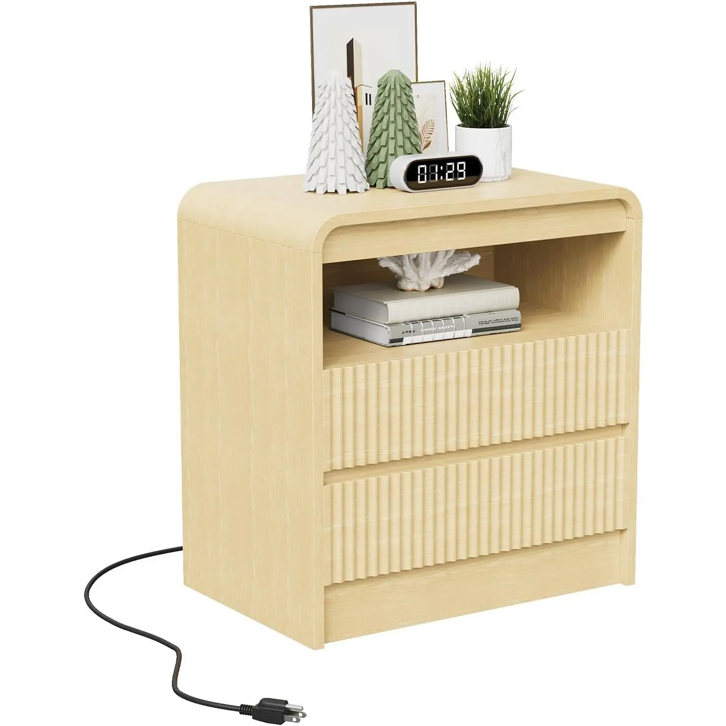 GARVEE2 Drawer Fluted Nightstand with Built-in Charging Station – Wood Bedside Table with USB, Type-C & AC Ports, Modern End Table