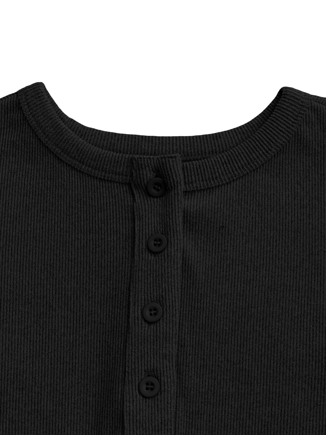 Women's Solid Button Front Ribbed Tee, Casual Long Sleeve Round Neck T-shirt Button Down Front for Spring & Fall, Ladies Clothes for Daily Wear