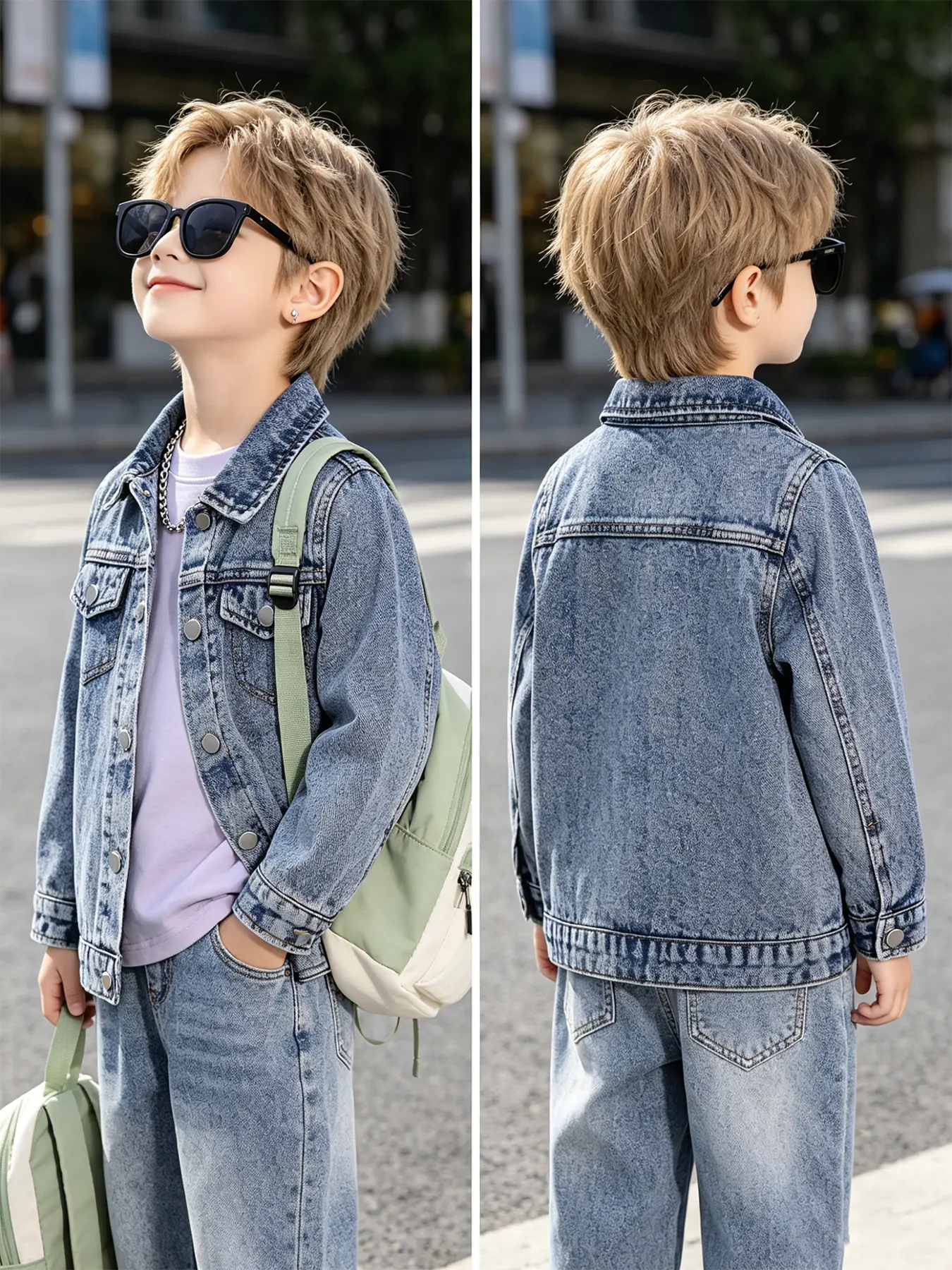 Boy Retro Washed Denim Jacket, Casual Comfy Jacket, Classic Lapel Button-Up, Kids Casual Outerwear, Suitable for All Seasons, Ages 8 and Under