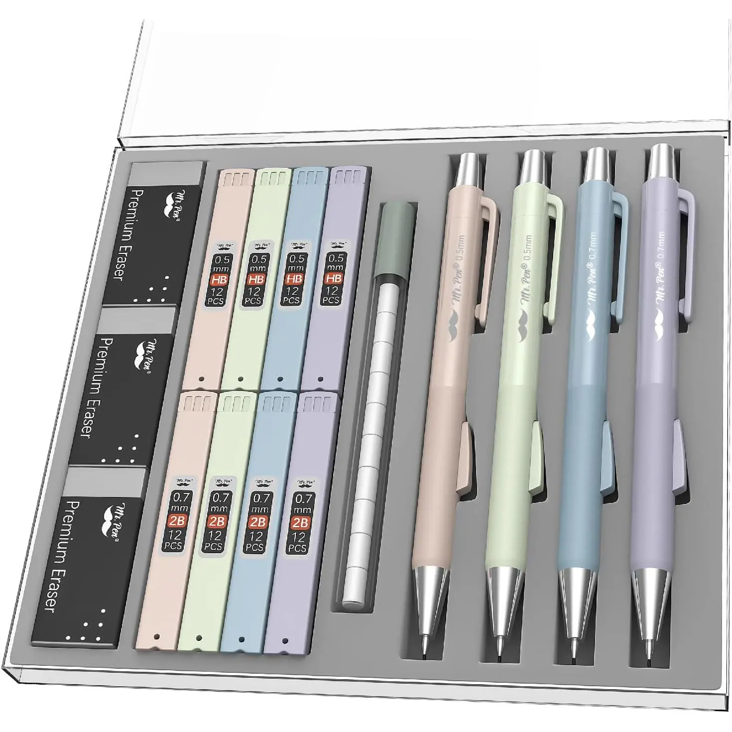 - Pastel Mechanical cil Set with Lead Refills & Erasers, 4 Pack | 2 Sizes, 0.5 & 0.7mm,  Click, 6x Tubes HB & 2B Lead Refill, 3x Eraser for School Supplies, Drafting, Drawing & Sketching