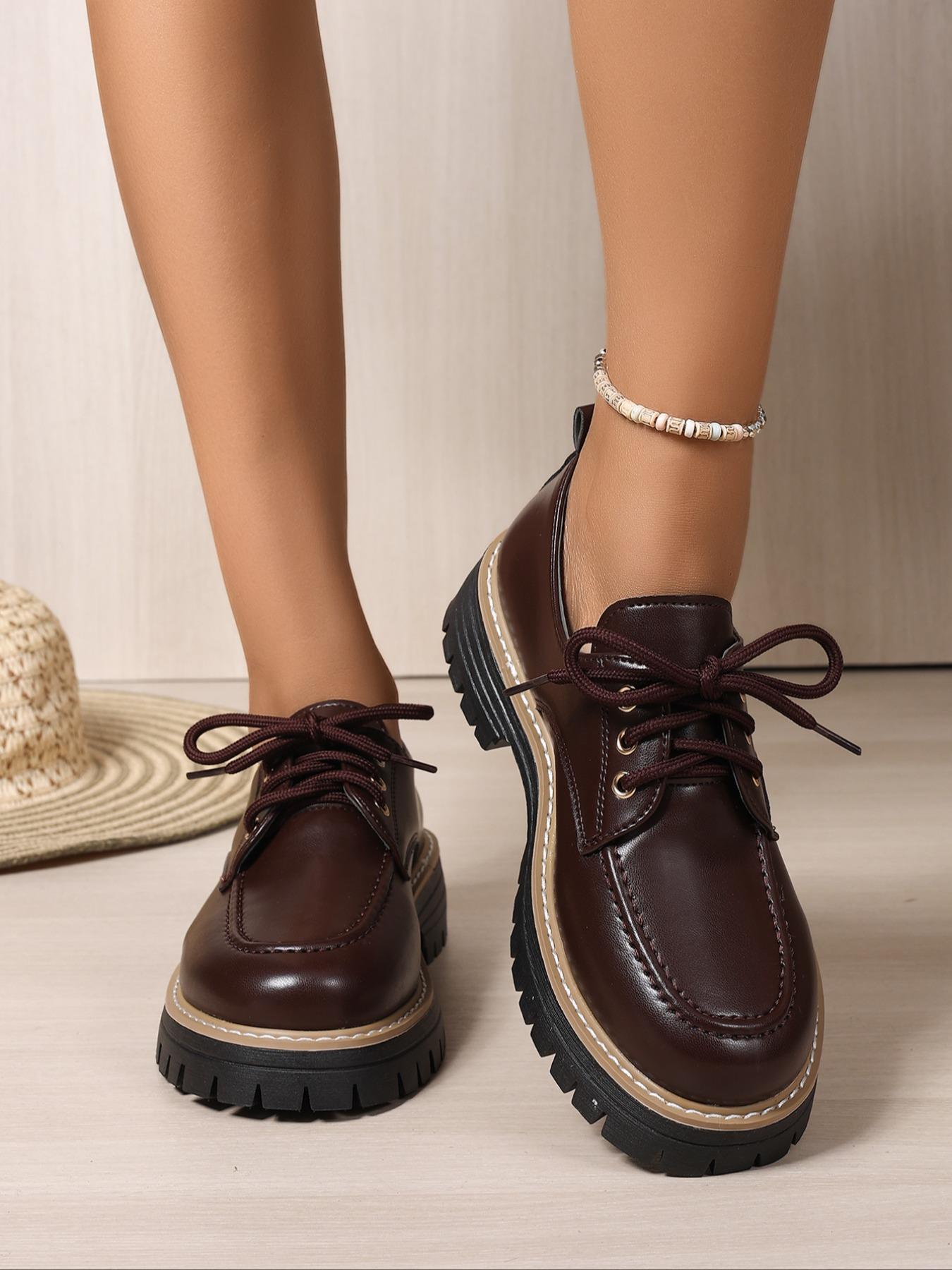 Women's Fashionable Solid Color Lace Up Loafers, Casual Comfortable Round Toe Office Commuting Shoes for Daily Wear, Lightweight Breathable Shoes for Women & Girls, Closed, Casual Business Shoes