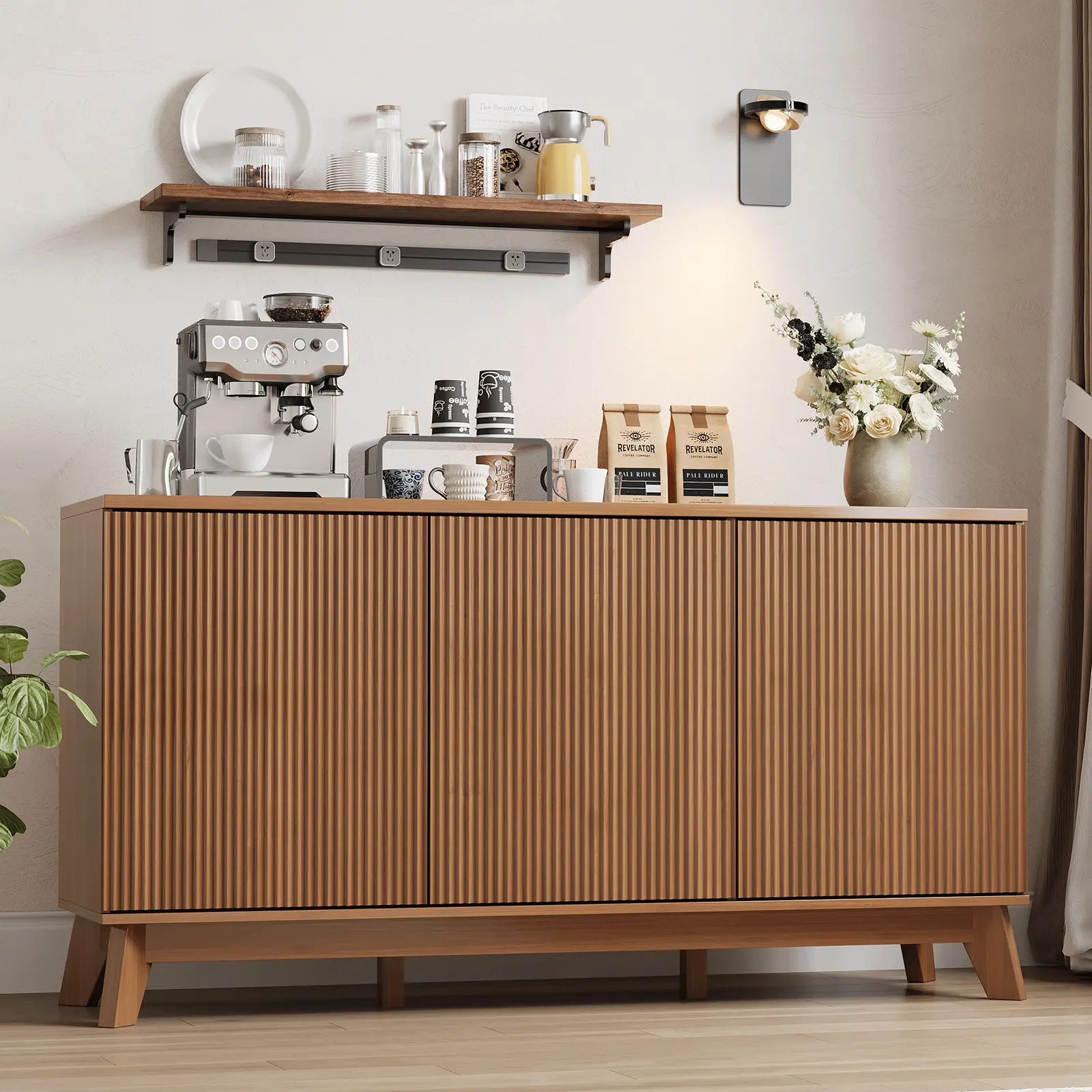 Gaomon 58-in Modern Oak Curved Farmhouse Sideboard - 4-Door Storage with Adjustable Shelves, Entryway Console Table, Dining Room Buffet, Living Room Media Console, 58 Inch