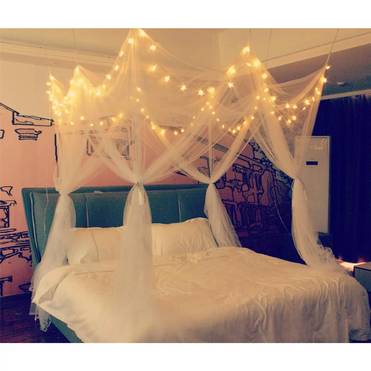 8 Corner Bed with 100 LED Star String Lights Battery Operated, White Bed Netting Style 4 Door Square Bed Curtains - Suggested for Twin Full Queen King Bed