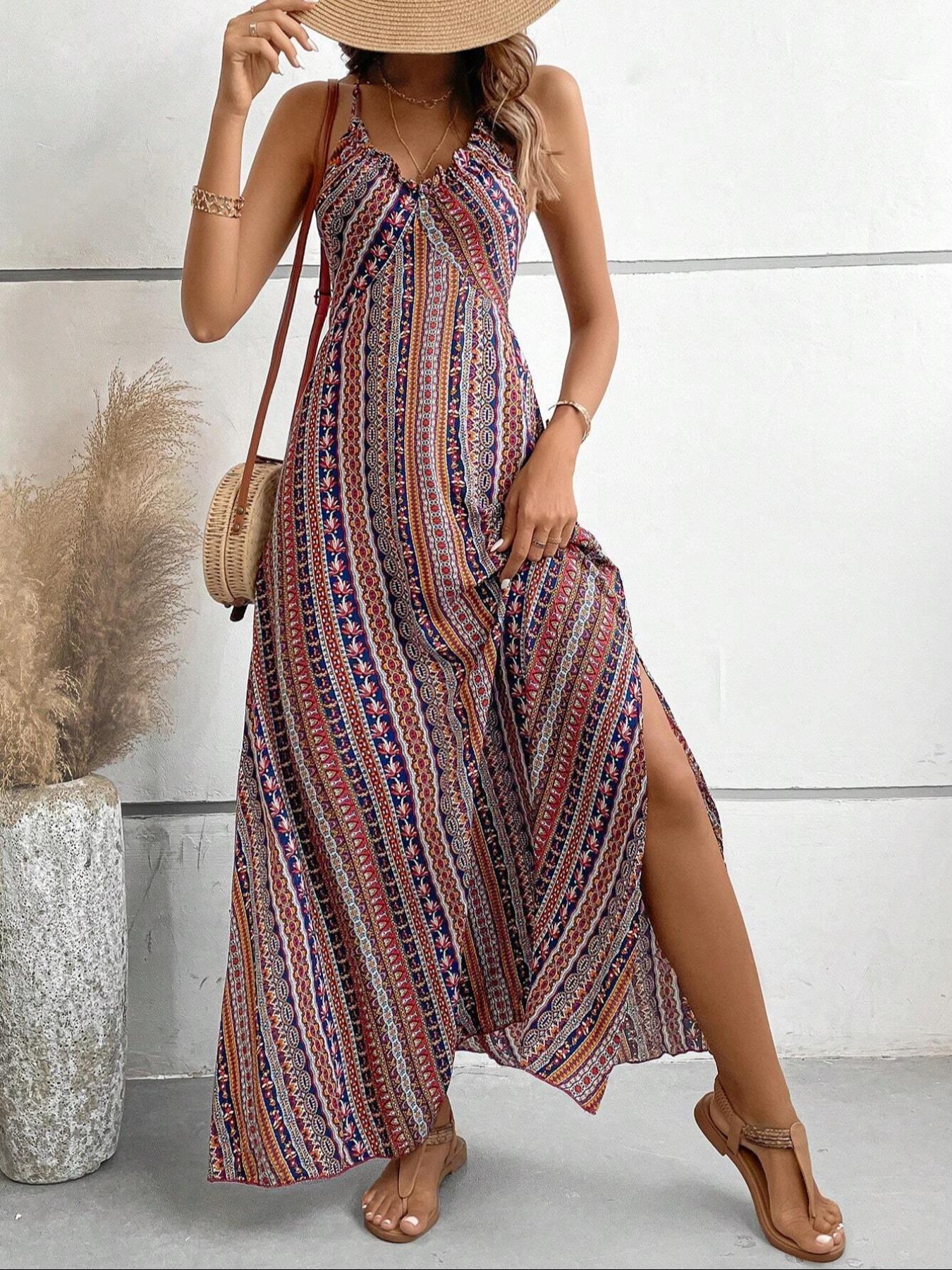 Women's Printed Split Long Sleeveless Dress, Classic Stripe Design, Backless Criss Cross Strap, Spring Summer Fall Wear, Casual Bohemian Style