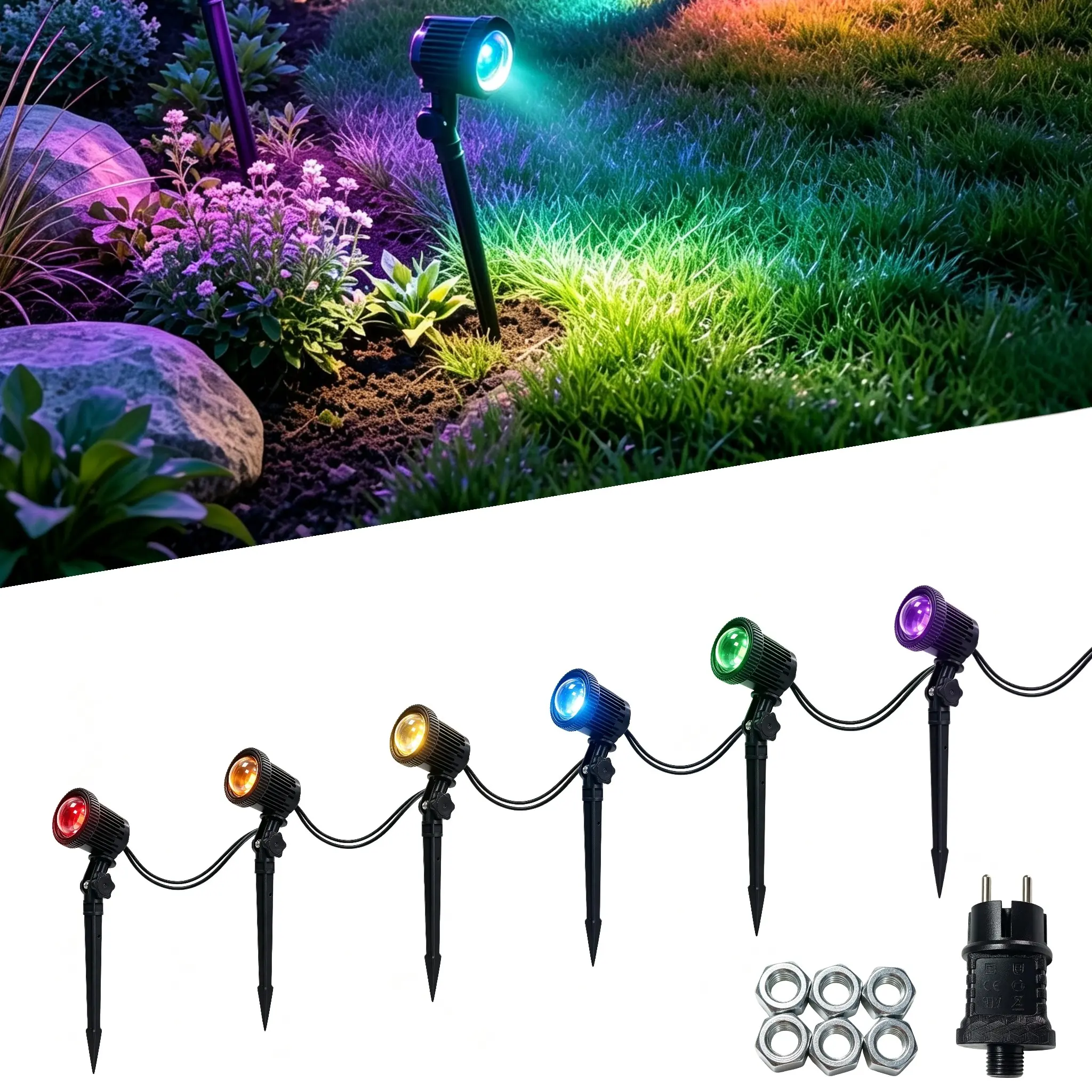 RGB Outdoor Spotlight Strip with APP and Remote, Waterproof Color-Changing LED Lights for Garden, Pathway, Halloween, Christmas Decor,6 in 1, Led Landscape Spotlights