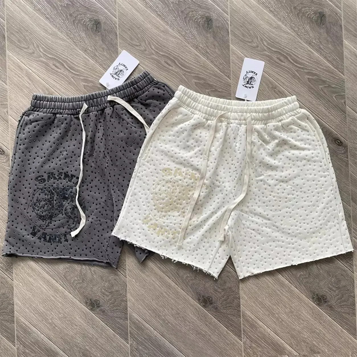 SAINT VANITY Rhinestone Studded Mesh Shorts, Men’s Streetwear Casual Shorts, Elastic Waist Drawstring Loose Fit, Perforated Dotted Fabric Gym Running Shorts, Y2K Hip Hop Summer Shorts, Lightweight Breathable Sports Shorts