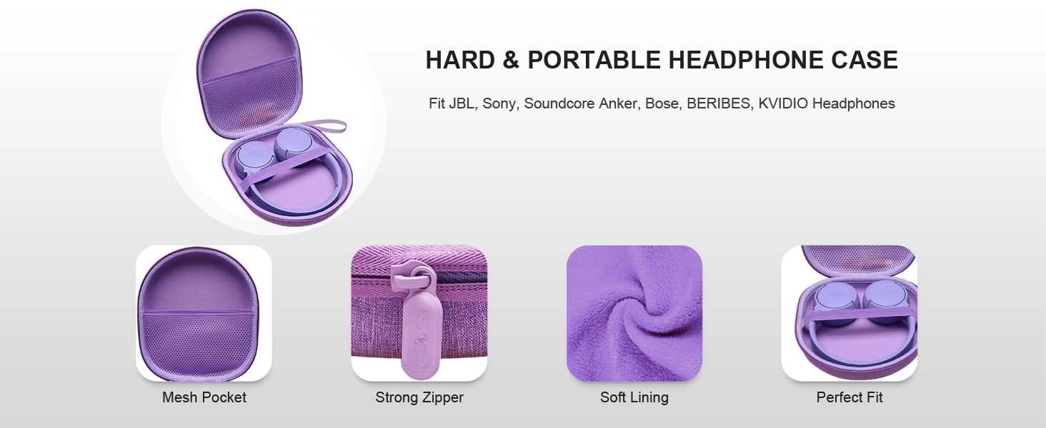 F-HPS25  Headphone Case Compatible with JBL Tune 520BT/ 720BT/ 770NC/ 670NC, Soundcore by Anker Q20i/Q30, Sony WH-CH720N/WH-CH520, BERIBES, KVIDIO, TOZO HT2 Headphones, Travel Hard Purple Case