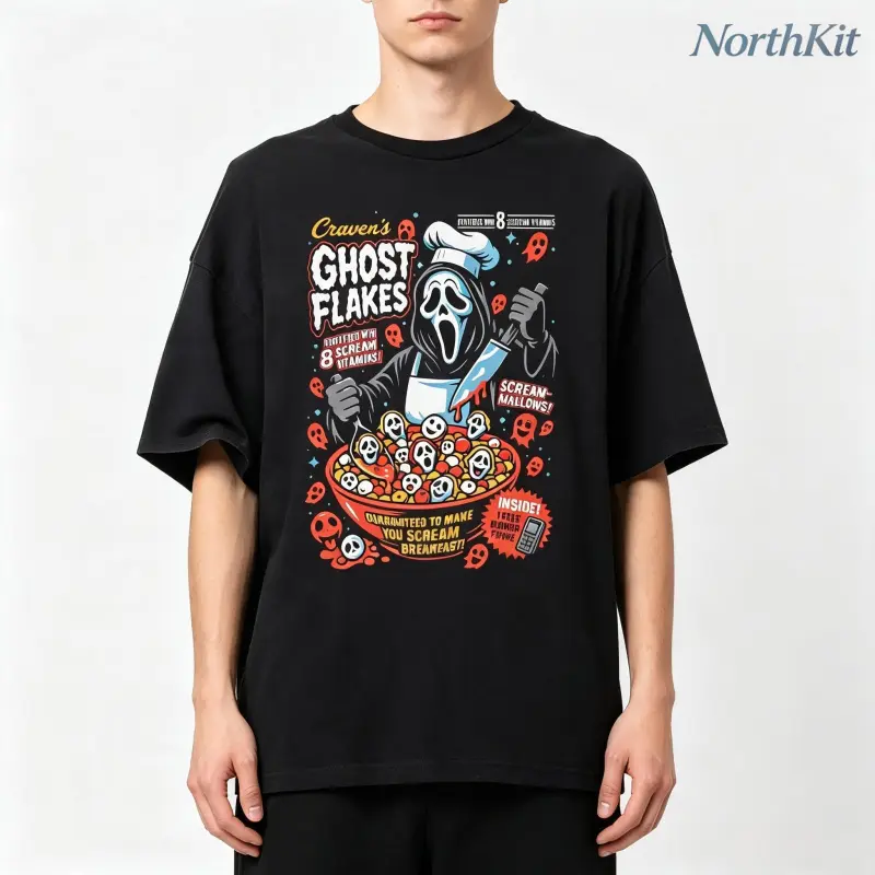 Limited Edition 80s-90s Retro Halloween Cereal Box Style Horror Movie Character Printed Casual Sports Top - Soft Comfortable Fabric, Spooky Season Collectible Gift For Vintage Horror Fans, T Shirts, Vintage Box