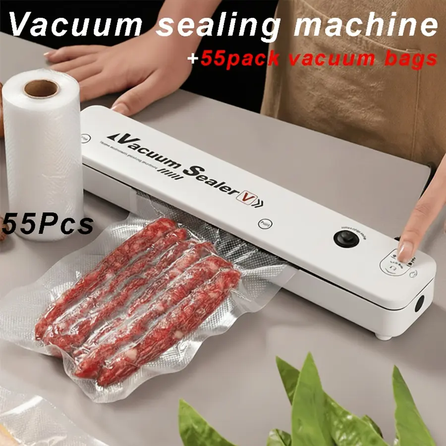 Vacuum Sealing Machine Set, 55 Sealed Bags, for food Preservation And Storage, Suitable For Food Preservation And Storage As Well As Vacuum Low-temperature Cooking, Automatic Vacuum for food Sealing Machine, Convenient Household for food Preservatio