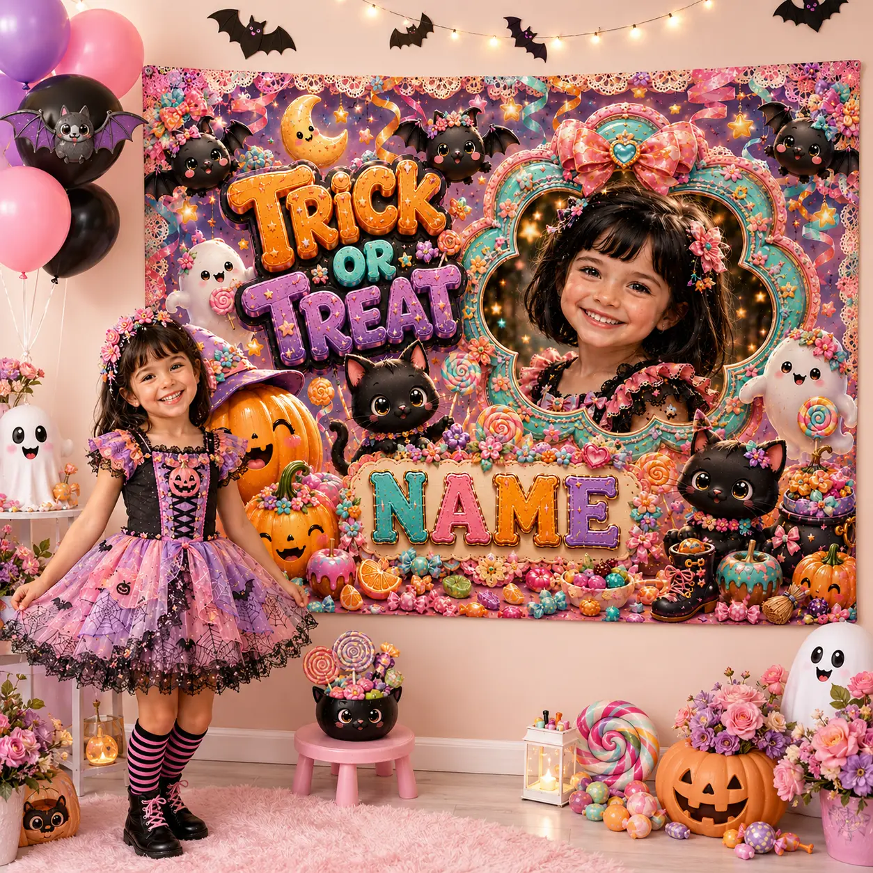 Personalized Pastel Candy Halloween Backdrop with Photo and Name - Home & Party Decor, Pink Pumpkins, Black Cats, Ghosts, Lollipops, Bows, Flowers Banners