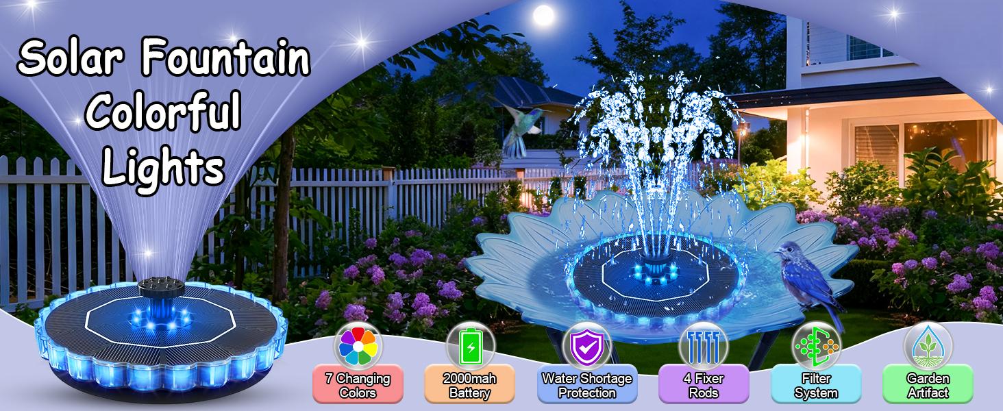 Solar Fountain Colorful Ring Lights, 2026 3.5W Solar Water Fountain with 2000mah Battery, Solar Fountain Pump for Bird Bath, Pond, Pool, Outdoor