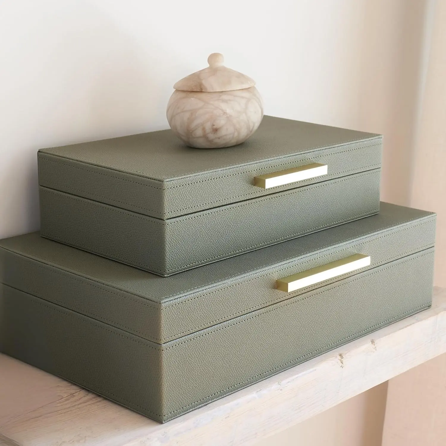 Decorative Storage Boxes with Lids – Set of 2 Beautiful PU Leather Organizer Bins for Your Bookshelf Home Decor - Safely Store Photos, Documents and Memory Box Keepsakes in Style