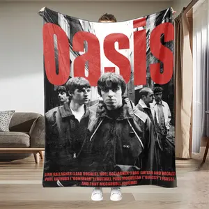 Ultra-Soft Flannel Blanket, Rock Lover Collectible Throw, Vintage Street Portrait, Oasis Text, Band Member Names, 90s British Retro Poster Feel