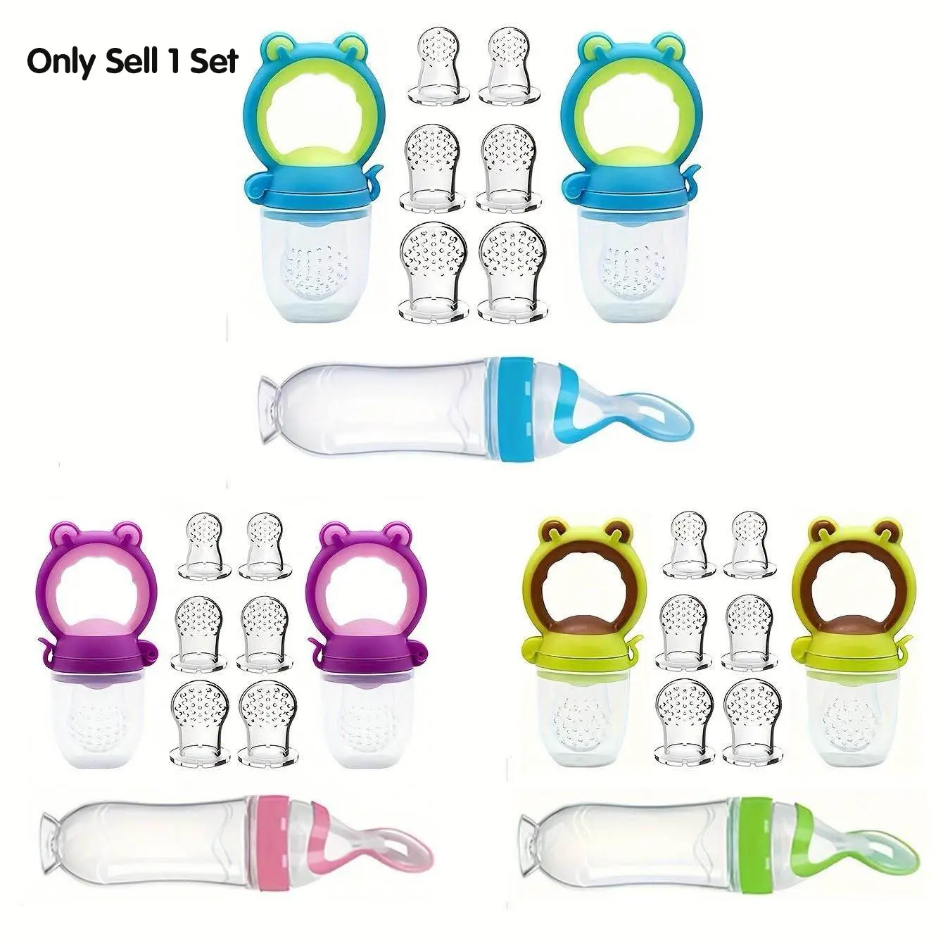 9pcs/set Baby Feeding Set, Including 1pc Silicone Feeding Bottle with Spoon,Squeeze Baby Food Dispensing Feeder,2pcs Fresh Food Fruit Feeder Pacifier, 6pcs Nipples( 3-Size-S,M,L), Baby Bottle Set
