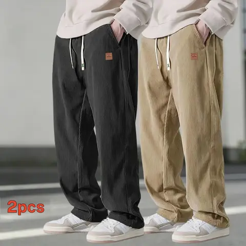 Men's 2-Pair Knitting Plain Baggy Corduroy Casual Pants - Autumn, 100% Polyester, Lightweight, Loose Straight-Leg, Adjustable Drawstring Long Pants