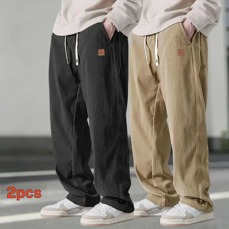 Men's 2-Pair Baggy Corduroy Casual Pants - 100% Polyester Clothes, Lightweight, Loose Straight-Leg, Adjustable Drawstring, Autumn Long Baggy Sweatpants