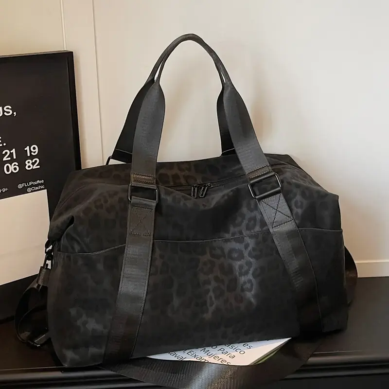 Christmas Old Money Style Khaki Black Brown Leopard Print Travel Bag, Waterproof Nylon Large Capacity Luggage, Commute Fitness Student Backpack Travel