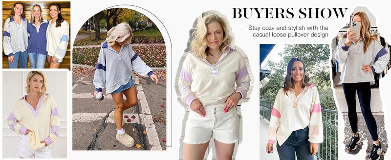 Imily Bela Womens Color Block Oversized Sweatshirt V Neck Long Sleeve Casual Loose Pullover Tops