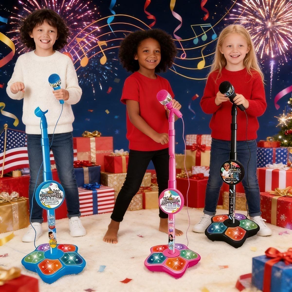 Portable karaoke microphone toy, integrating a luminous microphone and stand, suitable for home entertainment in various occasions. Suitable for family parties, gatherings, boys and girls' birthdays, Easter ideal gifts