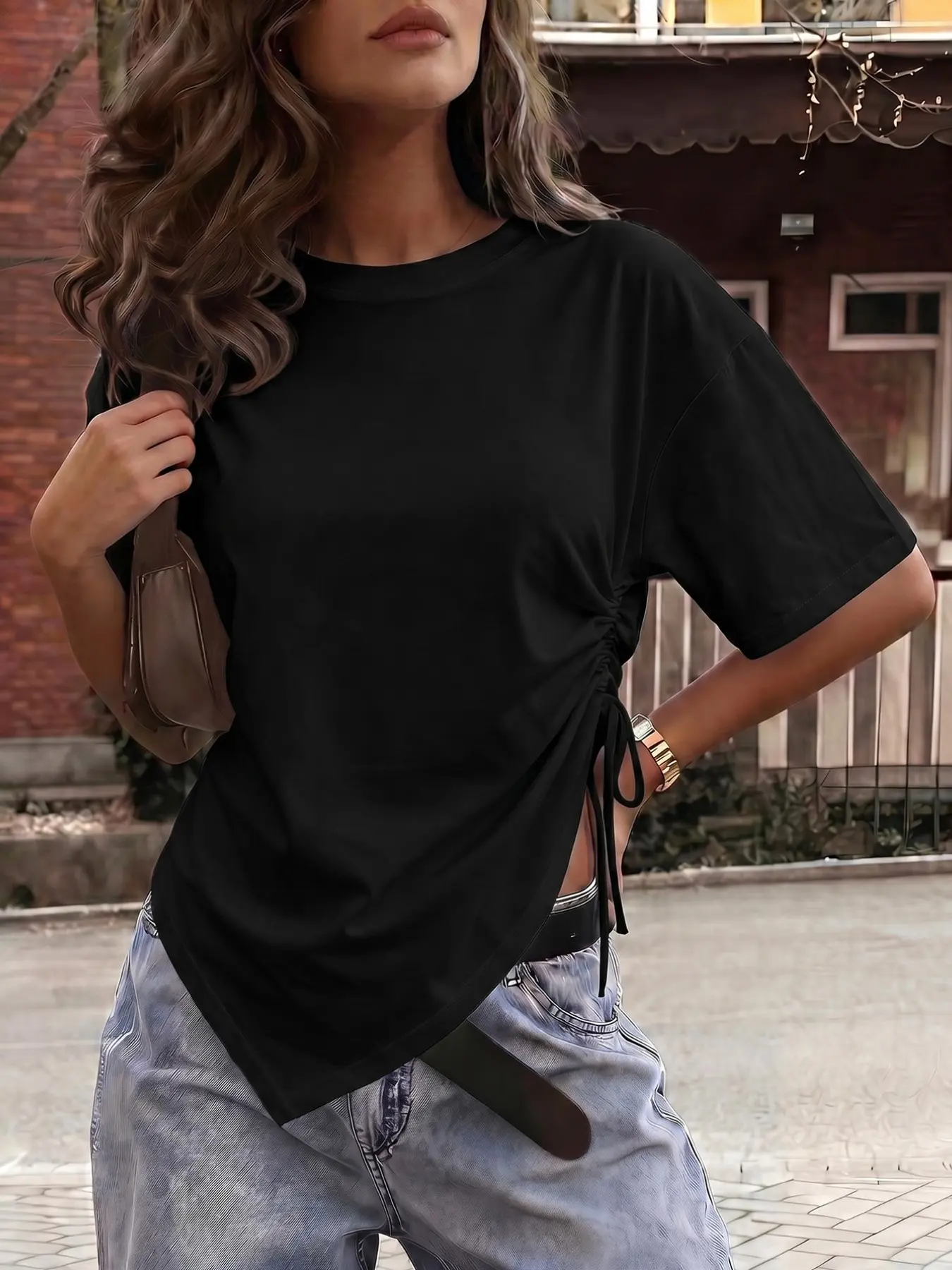 Black Ruched Side Drawstring Adjustable T Shirt Women Crew Neck Short Sleeve Loose Fit Asymmetrical Hem Top Y2K Streetwear Summer Casual Going Out Soft Stretch Oversized Tee Fashion