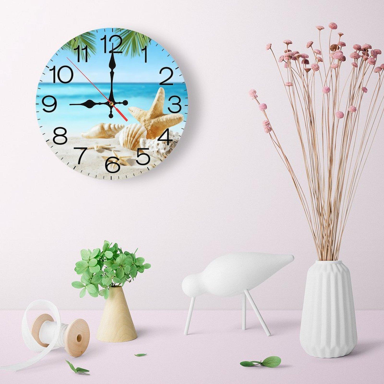 12 Inch Tropical Beach Starfish Seashell Wooden Wall Clock| Silent Non-Ticking Coastal Nautical Decor, Perfect for Bathroom, Beach House, Living Room, Sunroom, No Battery Included