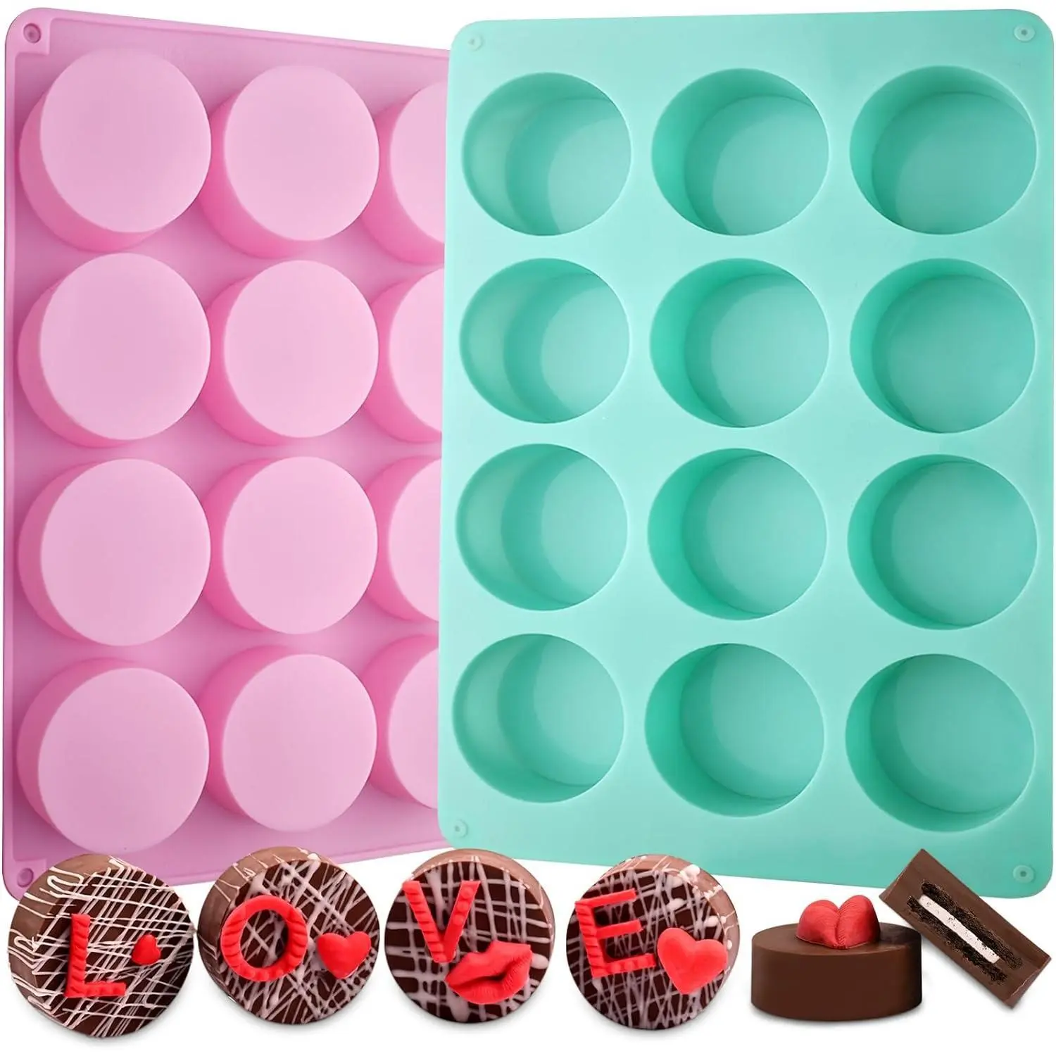 Selfie Accessories Round Silicone Chocolate Cover Molds - 2-Count 12-Cavity Cylinder Molds for Candy, Bath Bombs, Resin Crafts, 2Count/12-Cavity