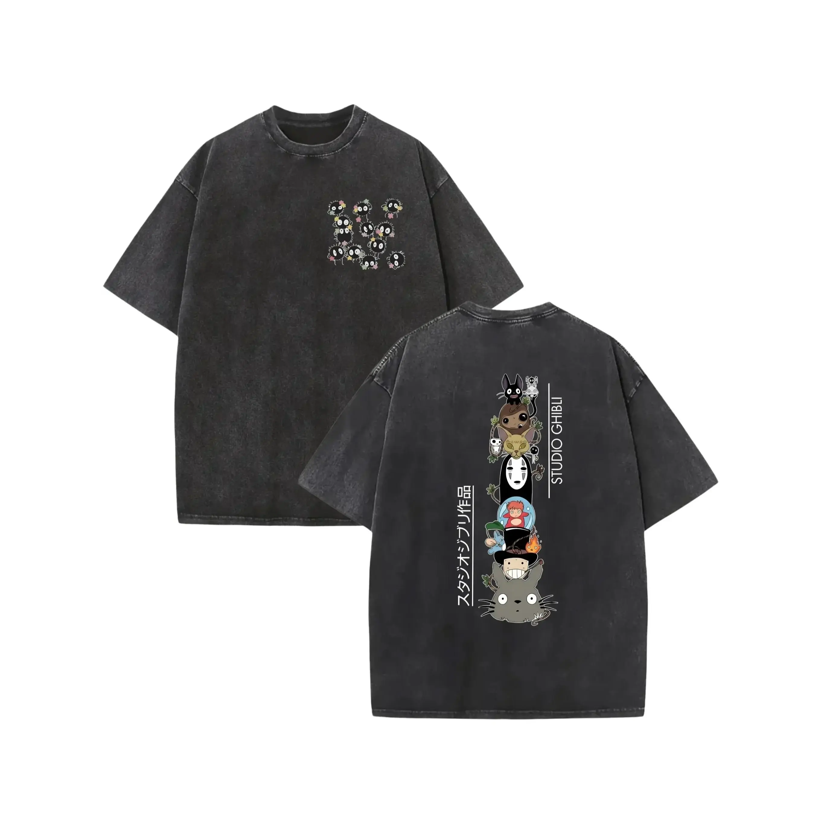 Vintage Washed Studio Ghibli Anime Graphic T-Shirt - Y2K Streetwear Oversized Tee for Totoro, Spirited Away & Howl's Moving Castle Fans - Perfect Gift for Anime Lovers