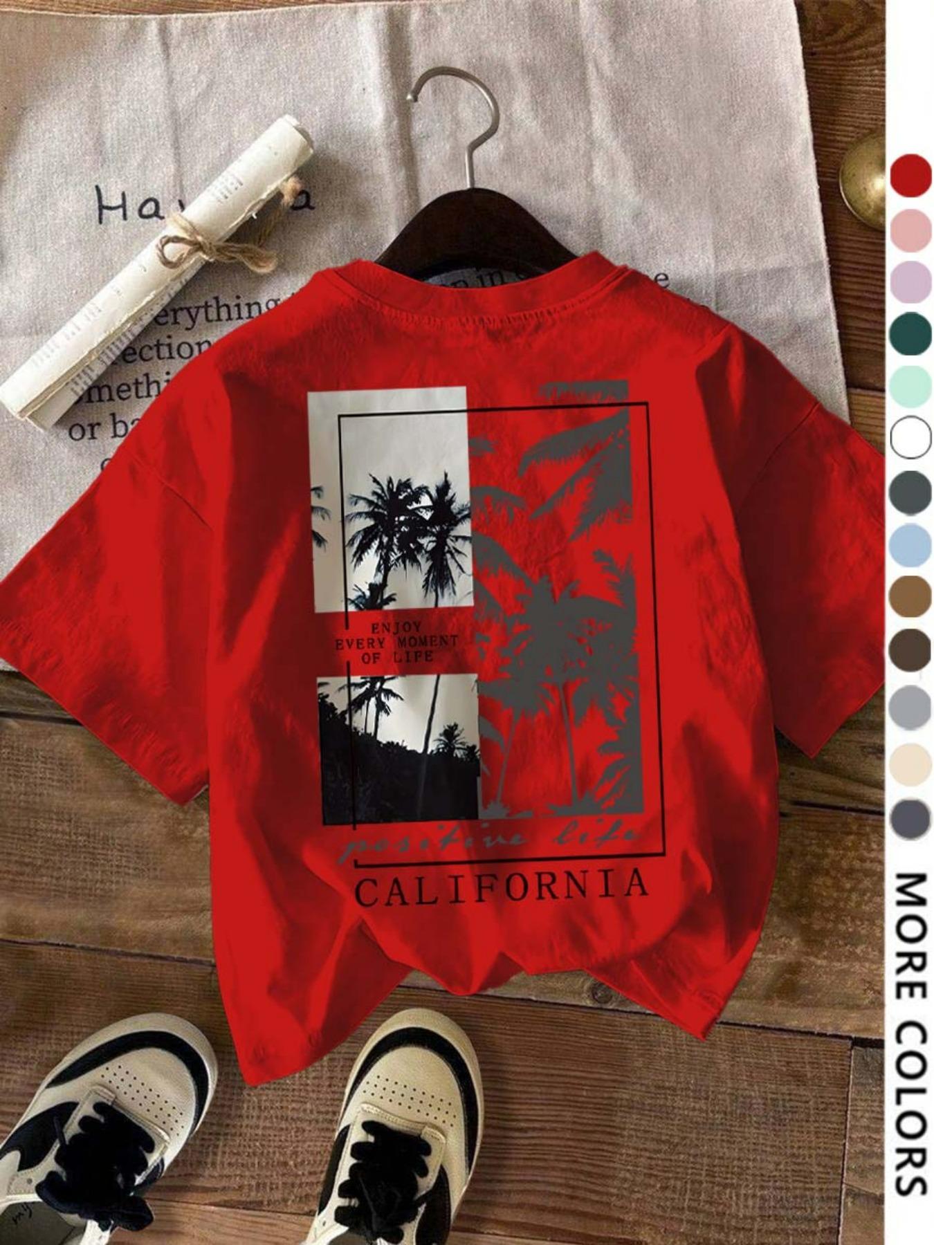 Women's Letter & Tree Print Round Neck Tee, Fashion Casual Short Sleeve T-shirt for Daily Wear, Ladies Summer Clothes