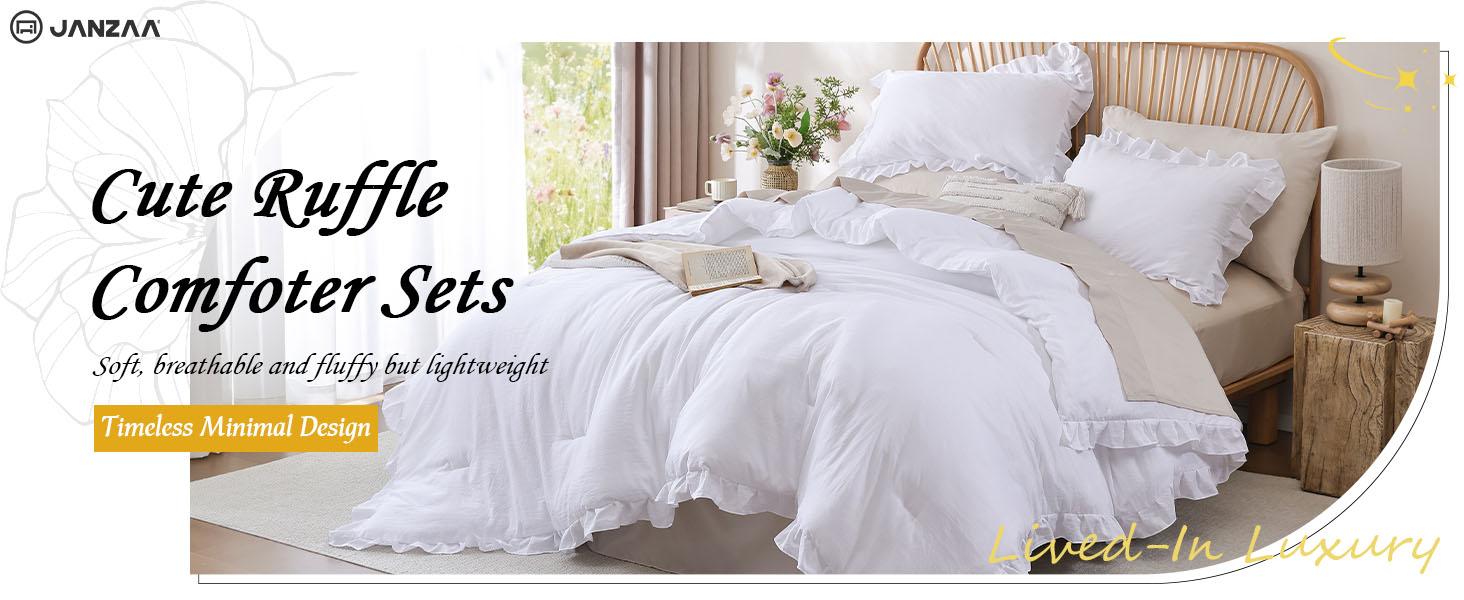 Twin Comforter Set White Comforter Ruffled Comforter Set Soft Twin Size Bed Set Vintage Farmhouse Bed Comforter Set Bedding with 1 Pillowcase