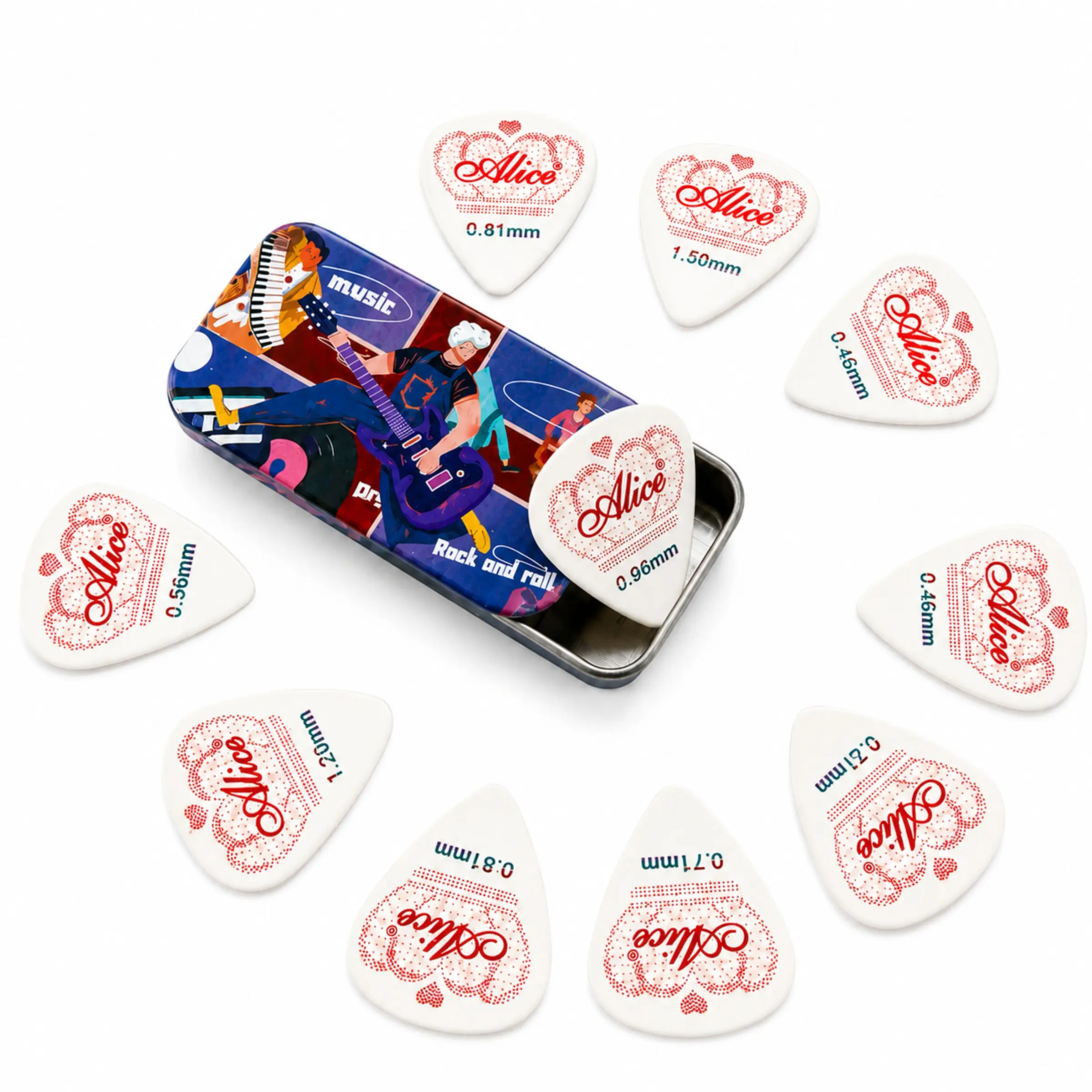 Professional Guitar Picks Set 10PCS with Premium Metal Tin Box, Double-Sided Textured Grip, 6 Thicknesses for Acoustic, Electric Guitar & Bass