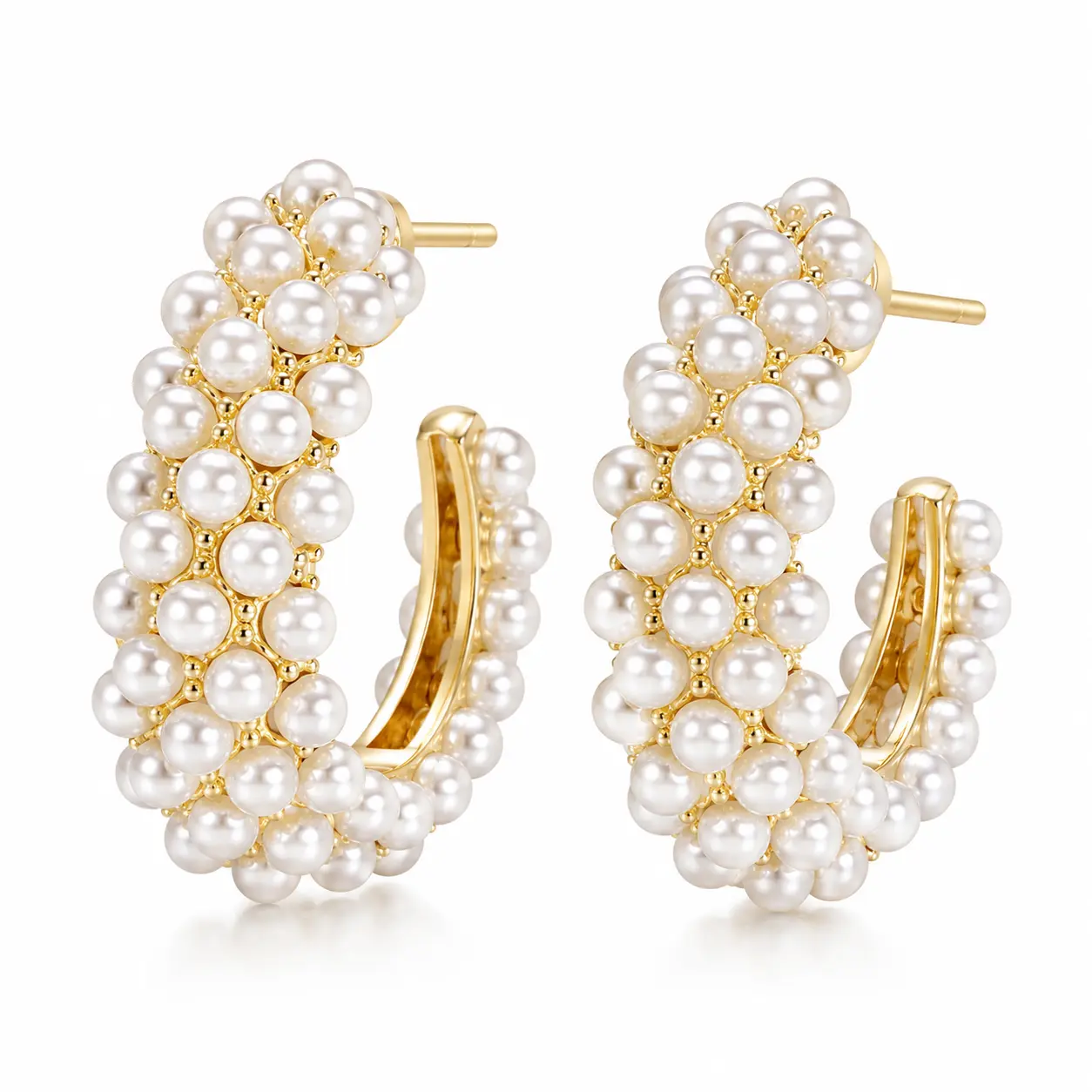 Women’s Pearl Hoop Earrings 14K Gold Plated Cluster Pearl Earrings, Elegant Statement Earrings with Hypoallergenic Stainless Steel Post, Dainty Jewelry Gift for Women Girls