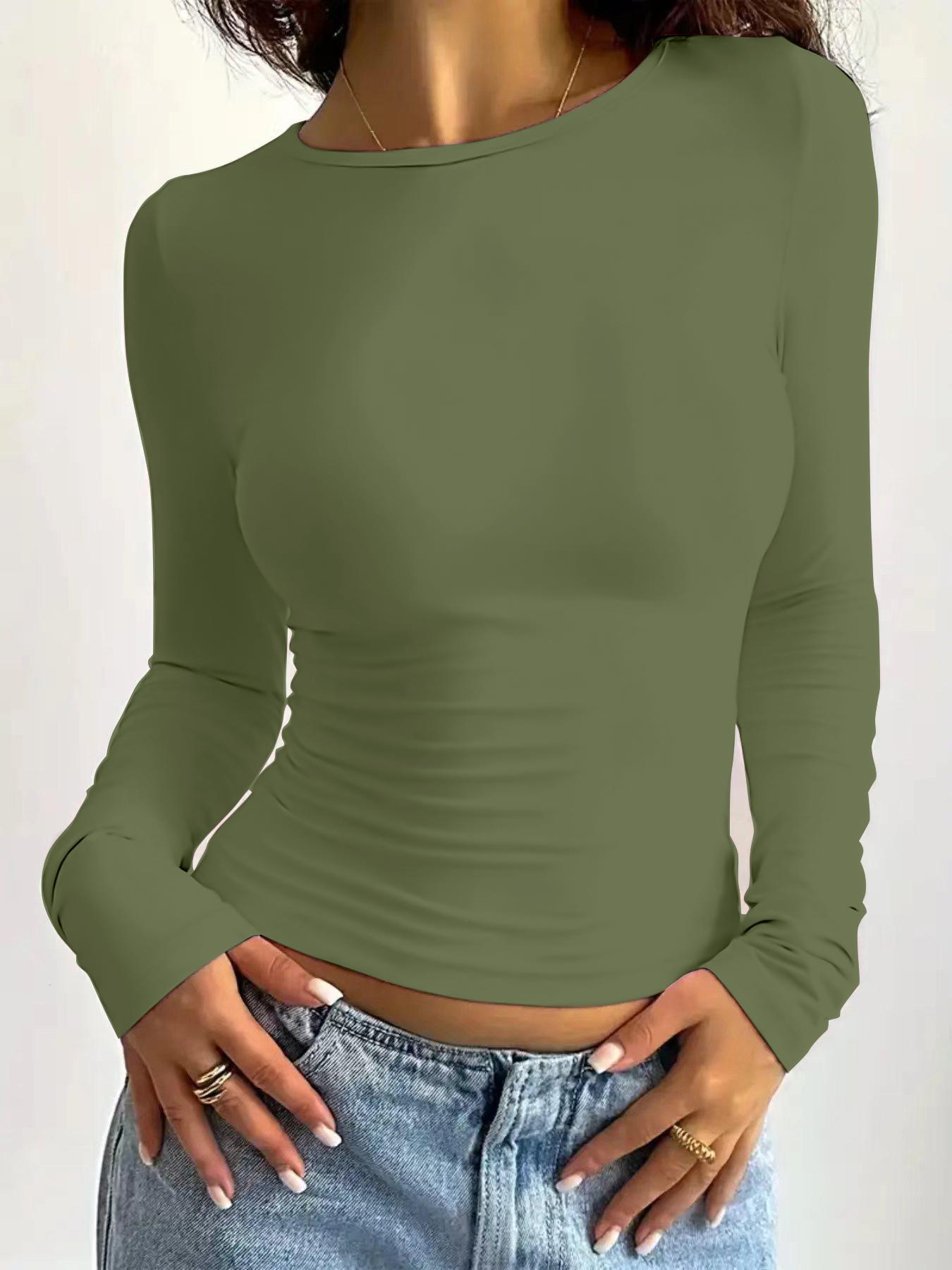 Women's Plain Round Neck Long Sleeve Tee, Casual Solid Crew Neck Fit T-Shirt for Spring & Fall, Fashion Women's Top for Daily Wear, Tops for Women