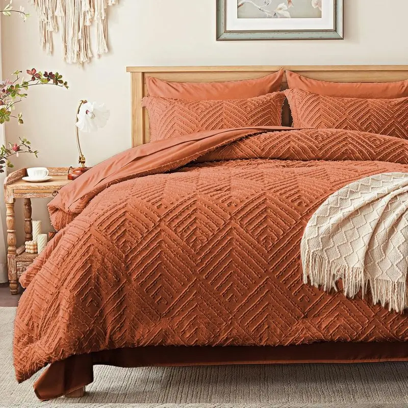 Burnt Orange Tufted Comforter Set Queen Size, 7-Piece Bed in a Bag with Sheets, Textured Geometric Boho Bedding Set, Soft Cozy Comforter with Pillowcases & Shams, All Season Bedding