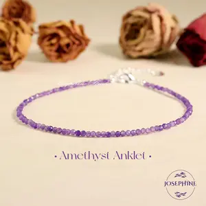 Purple Crystal Amethyst Anklet, 2mm Small Tiny Beads Anklet, Healing Strength Balance Anklet, Minimalist Dainty Women Bracelet Anklet