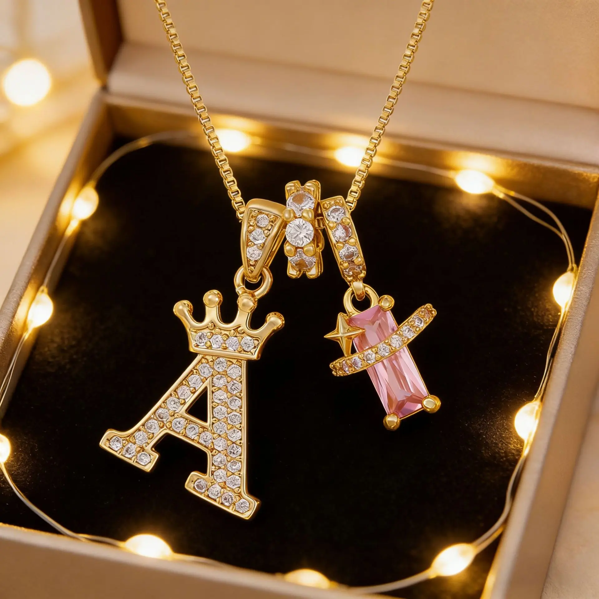 14K Gold Plated A-Z Letters Necklace Cross Initial Rectangle Pendant, Personalized Pink Rectangle Shiny Cubic Zirconia Pendant Alphabet Name Jewelry Holiday Gift Party Birthday Wedding Engagement Anniversary Jewelry