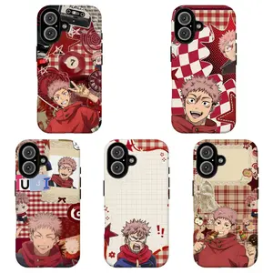 FL-JJK Itadori Yuji Custom Printing Red Gingham Vintage Scrapbook Collage Phone Case, Shockproof Protective Cover for iPhone 11-17 Air Pro Max, Samsung S21-S26, Ideal Gift for Anime Fans, Iphone 17