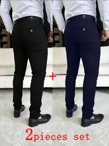 Two-Piece Men's Blazer Pants, Business Casual High-Elasticity, Crown Embroidery, Breathable Comfort, All-Season Wear