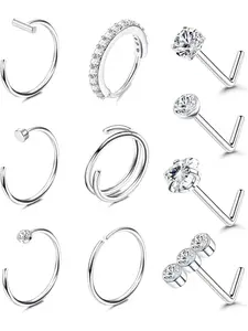Fio Royal 10pcs 14k Nose Ring Studs, 20g Nose Rings Hoops, 316L Stainless Steel, Hypoallergenic, Round Cz Heart Design