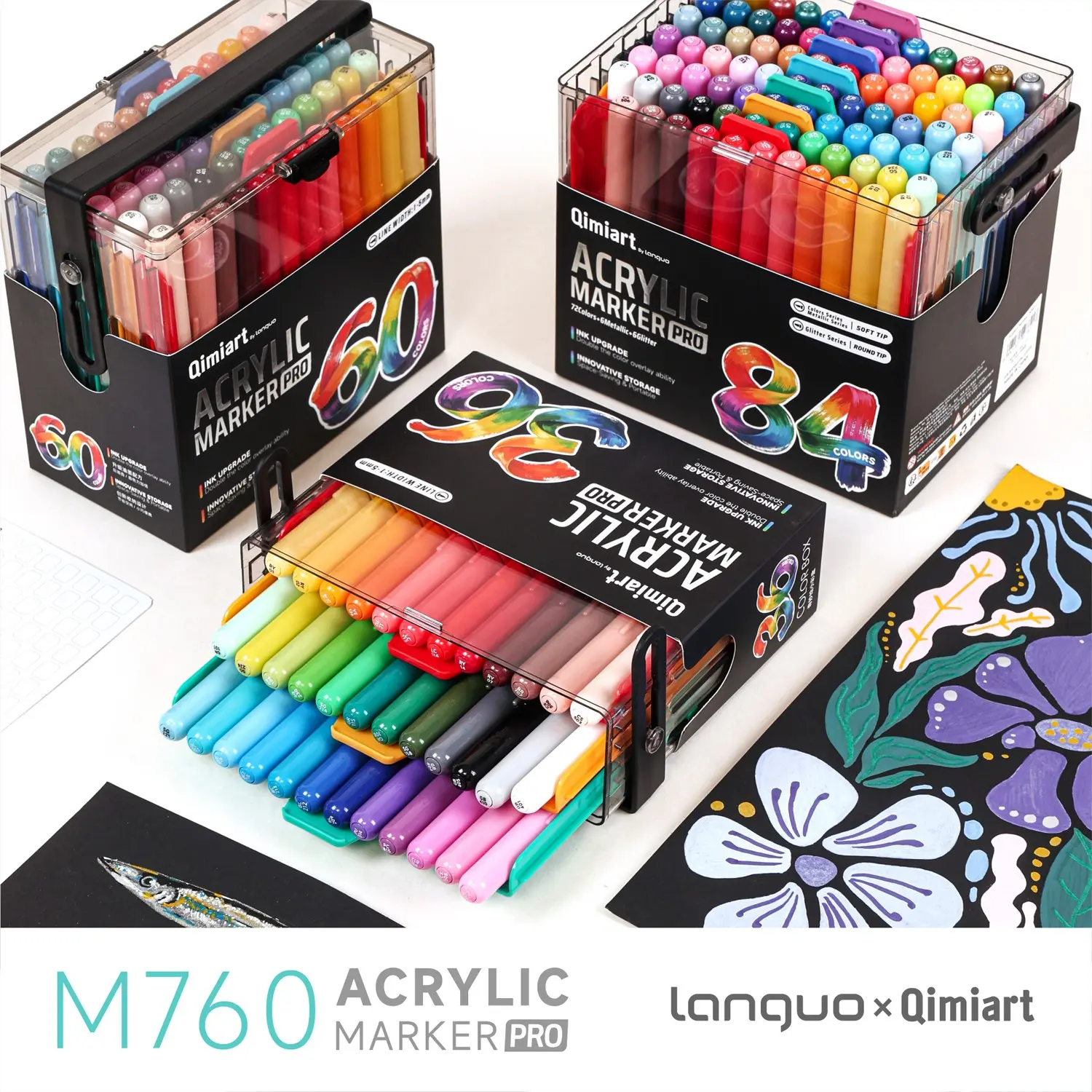 Languo Qimiart Soft Tip Acrylic Markers, 36/60/84 Colors, 1-5mm Elastic Tips, High Coverage, Quick Dry, Waterproof, DIY Art Supplies